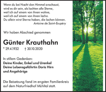 Traueranzeige von Günter Krauthahn von vrm-trauer