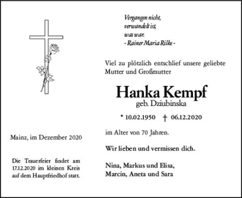 Traueranzeige von Hanka Kempf von vrm-trauer