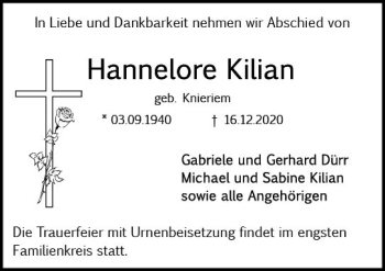 Traueranzeige von Hannelore Kilian von vrm-trauer