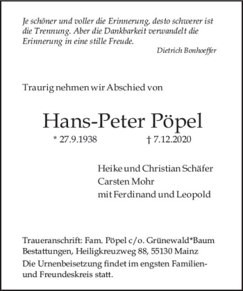 Traueranzeige von Hans-Peter Pöpel von vrm-trauer