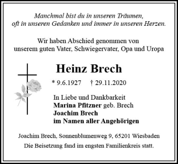 Traueranzeige von Heinz Brech von vrm-trauer