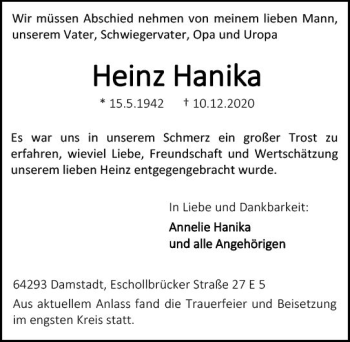 Traueranzeige von Heinz Hanika von vrm-trauer