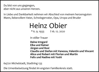 Traueranzeige von Heinz Obier von vrm-trauer