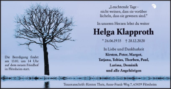 Traueranzeige von Helga Klapproth von vrm-trauer