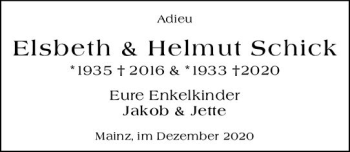 Traueranzeige von Helmut Schick von vrm-trauer