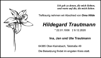 Traueranzeige von Hildegard Trautmann von vrm-trauer