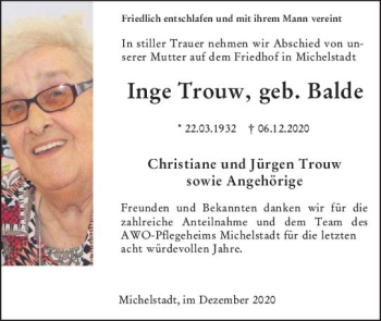 Traueranzeige von Inge Trouw von vrm-trauer
