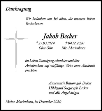 Traueranzeige von Jakob Becker von vrm-trauer