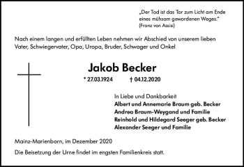 Traueranzeige von Jakob Becker von vrm-trauer