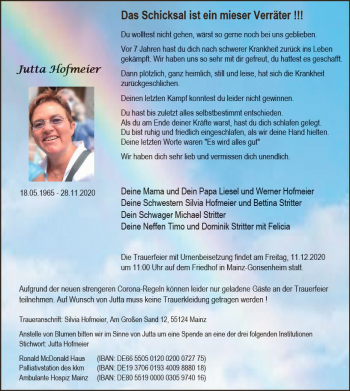Traueranzeige von Jutta Hofmeier von vrm-trauer