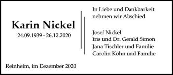 Traueranzeige von Karin Nickel von vrm-trauer