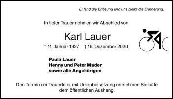 Traueranzeige von Karl Lauer von vrm-trauer