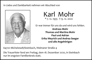 Traueranzeige von Karl Mohr von vrm-trauer