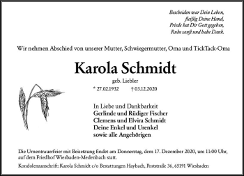 Traueranzeige von Karola Schmidt von vrm-trauer