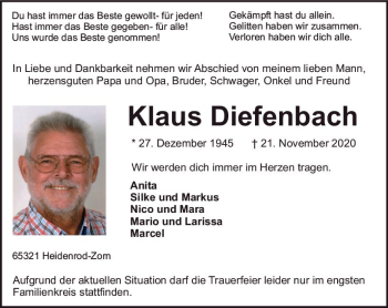 Traueranzeige von Klaus Diefenbach von vrm-trauer