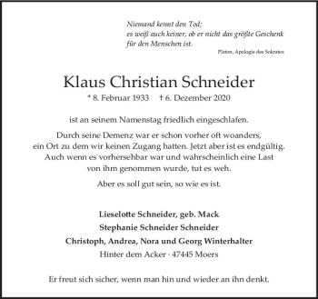 Traueranzeige von Klaus Christian Schneider von vrm-trauer
