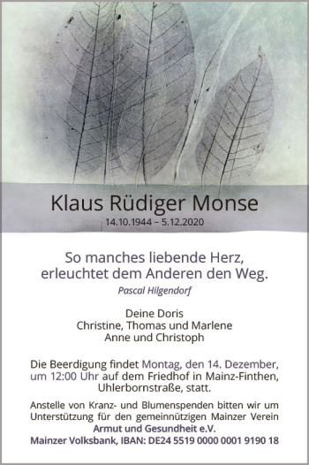 Traueranzeige von Klaus Rüdiger Monse von vrm-trauer