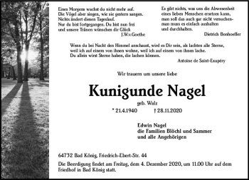 Traueranzeige von Kunigunde Nagel von vrm-trauer