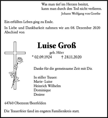 Traueranzeige von Luise Groß von vrm-trauer