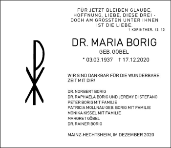 Traueranzeige von Maria Borig von vrm-trauer
