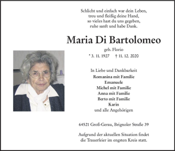 Traueranzeige von Maria Di Bartolomeo von vrm-trauer