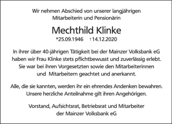 Traueranzeige von Mechthild Klinke von vrm-trauer