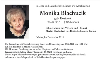 Traueranzeige von Monika Blachucik von vrm-trauer