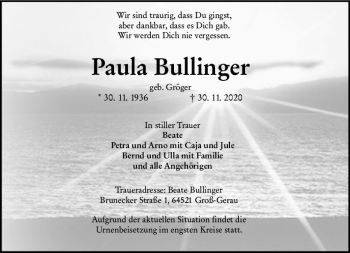 Traueranzeige von Paula Bullinger von vrm-trauer
