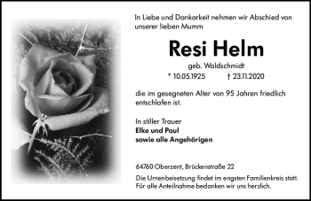 Traueranzeige von Resi Helm von vrm-trauer