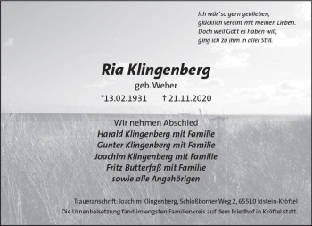 Traueranzeige von Ria Klingenberg von vrm-trauer