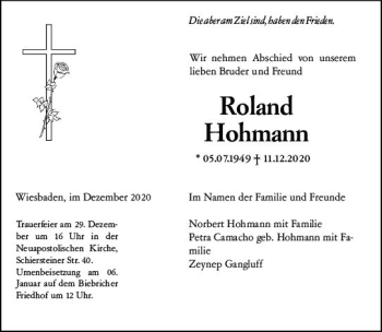 Traueranzeige von Roland Hohmann von vrm-trauer