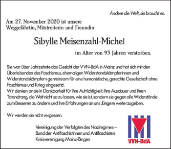 Traueranzeige von Sibylle Meisenzahl-Michel von vrm-trauer