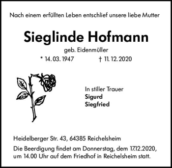Traueranzeige von Sieglinde Hofmann von vrm-trauer