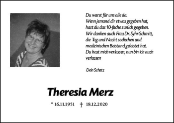 Traueranzeige von Theresia Merz von vrm-trauer