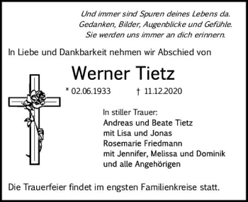 Traueranzeige von Werner Tietz von vrm-trauer