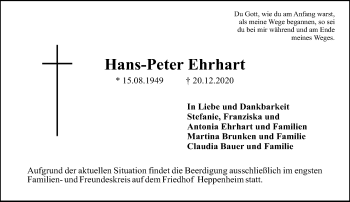Traueranzeige von Hans-Peter Ehrhart von VRM Tageszeitungen