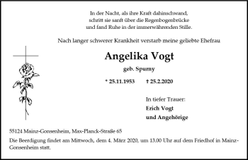 Traueranzeige von Angelika Vogt von vrm-trauer