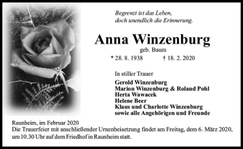 Traueranzeige von Anna Winzenburg von vrm-trauer