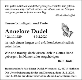 Traueranzeige von Annelore Dudel von vrm-trauer