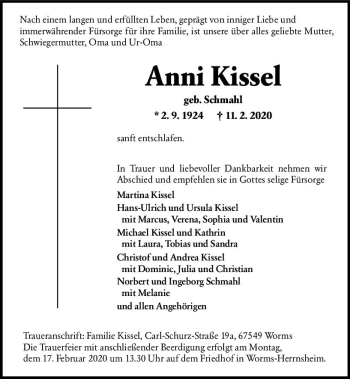Traueranzeige von Anni Kissel von vrm-trauer