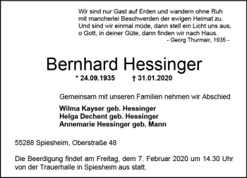 Traueranzeige von Bernhard Hessinger von vrm-trauer