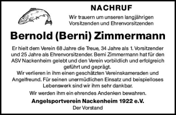 Traueranzeige von Bernold Zimmermann von vrm-trauer