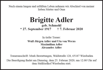 Traueranzeige von Brigitte Adler von vrm-trauer