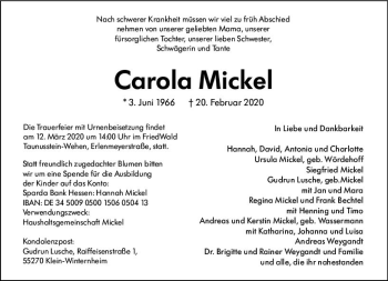 Traueranzeige von Carola Mickel von vrm-trauer