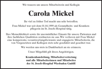 Traueranzeige von Carola Mickel von vrm-trauer