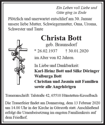Traueranzeige von Christa Bott von vrm-trauer