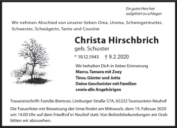 Traueranzeige von Christa Hirschbrich von vrm-trauer