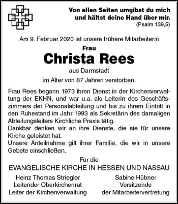 Traueranzeige von Christa Rees von vrm-trauer Traueranzeige von Christa Rees von vrm-trauer