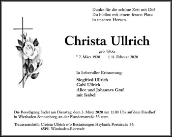Traueranzeige von Christa Ullrich von vrm-trauer