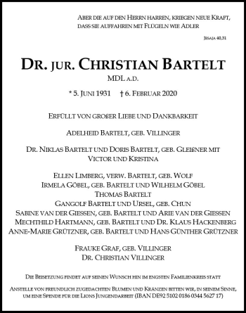 Traueranzeige von Christian Bartelt von vrm-trauer